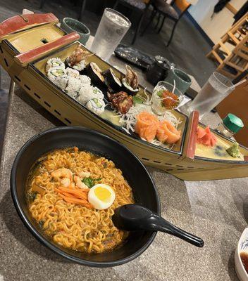 Ramen bowl and sushi boat