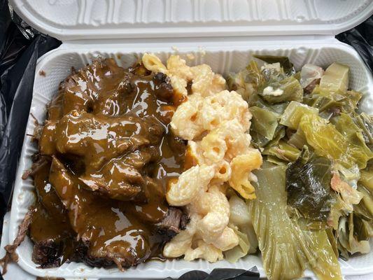 Brisket, Mac and cheese, and collard greens/cabbage