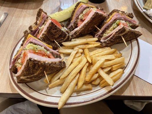 Barn Bustin' Club Sandwich and French Fries