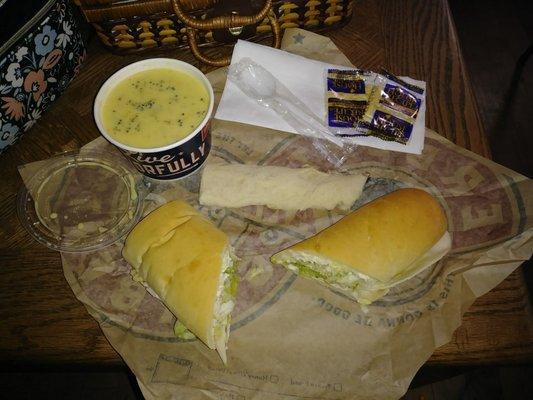 Broccoli cheese soup and Jacob Bluefinger sub. The extra bread is good for dipping in the soup.