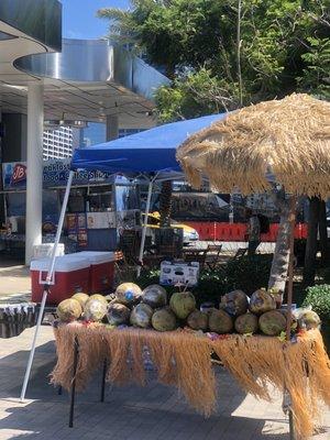 JB's Seafood Trailer behind coconut sidewalk vendor