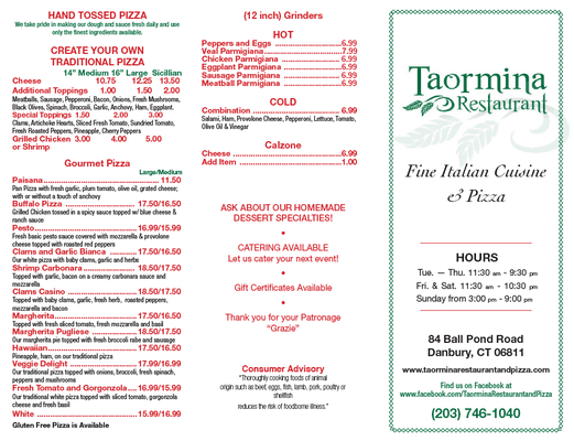 Taormina Take-Out Menu