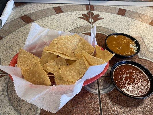 Chips, salsa, and bean dip