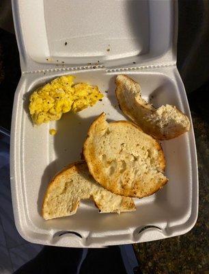 Scrambled egg sandwich oneverything bagel.YES this is how my order looks when Iate it several dayslater. Disappointing. Lol