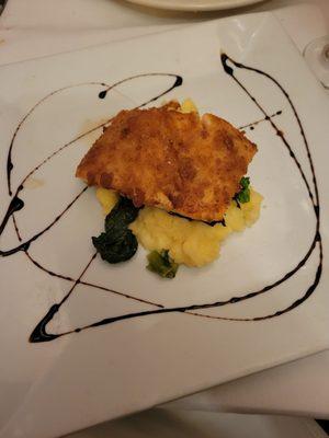 Salmon marmalatta over polenta and broccoli rabe