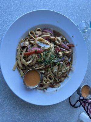 Peruvian-Style fettuccine chicken (soy sauce based) never tried it like this but it was great!!!!