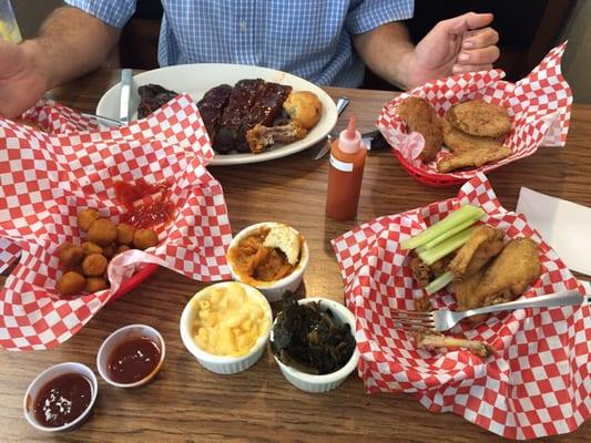 Ribs, wings, Mac-n-cheese, yams, cornbread, fried okra, fried green tomatoes- YUM!!