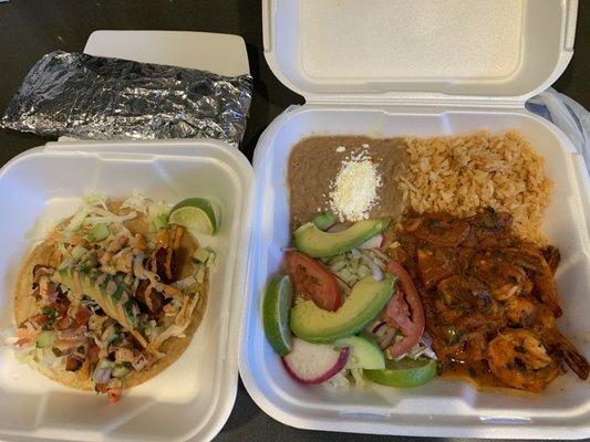 (Left) fish taco with the fixings on a corn tortilla (Right) camarones (shrimp) rancheros plate