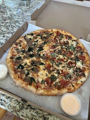 Customized 18" NY Thin Crust Pizza (~$30) with Ranch ($0.85) and Roasted Red Pepper Aioli sauce ($1.50)