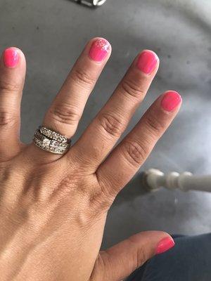 Hot pink gel mani with a little silver glitter glitz on the tops of my Ring fingers