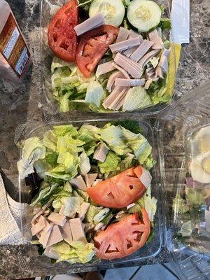 no hard boiled eggs, small amount of turkey. was shocked when I saw how much was missing looked like they did not finish making the salads