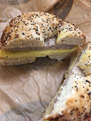 Chewy soggy bagel with non-descript gray meat