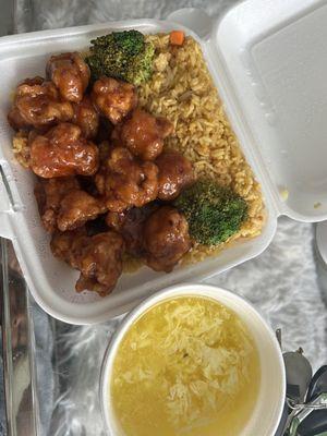 General Tso's Chicken lunch special for $8.45 come with rice and soup. Was served hot, fresh, and delicious.