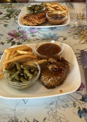 Delicious fried chicken, hamburger steak with gravy plus some fries w/ gravy for dipping. Yum!