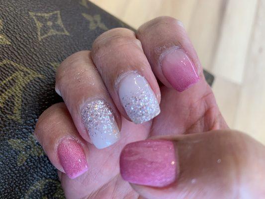 Acrylic overlay on natural nails, ombré and glitter