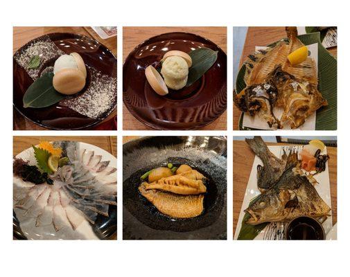 Wasabi gelato, yuzu sorbet, deep fried fish bone, flounder sashimi, soy sauce bass, grilled bass.