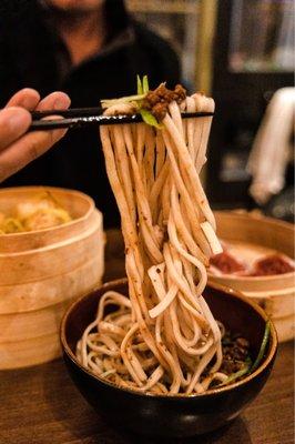 Beijing Noodles: pork, green onion, garlic, ginger, soybean paste ~ Noodle texture is awesome and chewy!