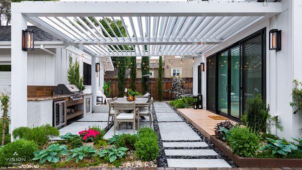 Los Altos Chic White Equinox® patio cover with an electric louvered roof system. Architecture Design and installed by VTC.