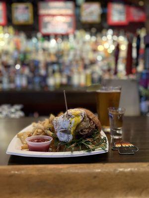 Box Burger with Egg and Garlic Fries