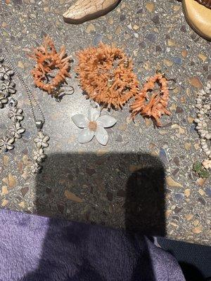 Close up of the gorgeous coral and sea shell necklace and earrings we bought in 2021