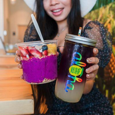 Super fruit Pitaya bowl and a Butterfly Mojito lemonade.