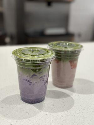 ube and strawberry iced matcha lattes with oatmilk