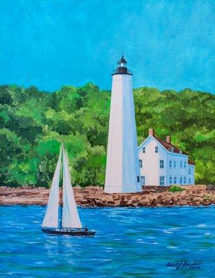 Sailing Past New London Harbor Light, Robert J. Hauschild, Acrylic, 11x14, $625