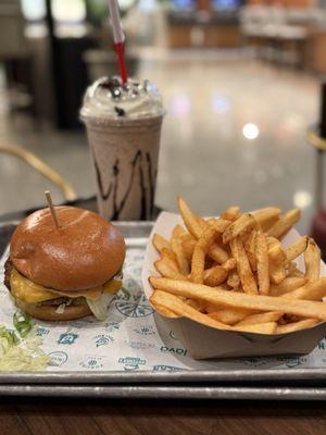 Cheeseburger, fries, and Oreo Milkshake