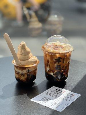 Brown sugar boba soft serve and brown sugar milk boba tea