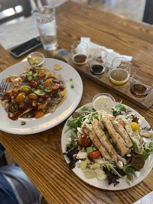 Pork nachos and summer salad with chicken added.