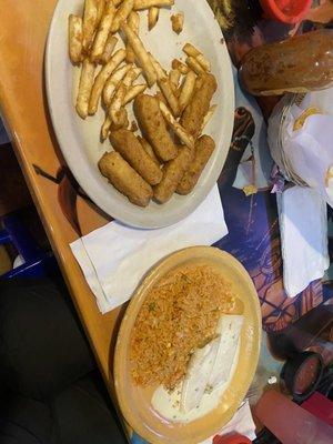 Cheese Enchiladas and rice and Kids cheese sticks and fries