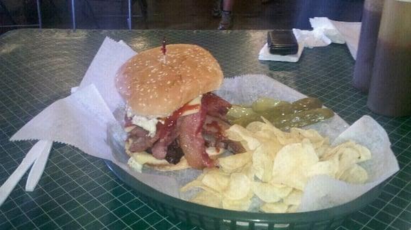 The Tipsy Texan! Smoked Brisket, Sliced hot links, BACON, slaw on a kaiser roll.