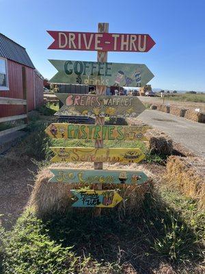 There's an adorable hay bale lined drive-through.