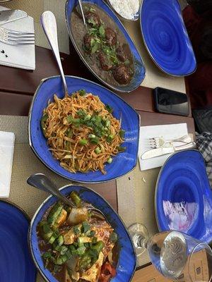 Chili Garlic Noodles, Braised Chili Tofu, Vegetable Manchurian (Gravy)