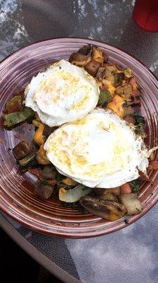 Veggie Hash- skillet meal packed full of vegetables, cheddar cheese and two eggs