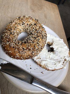 Emerald City Bagels - the everything bagel with delicious cream cheese - about $3