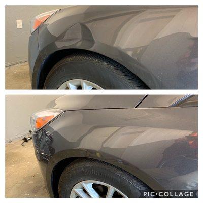 Honda civic fender dent repaired with paintless dent repair, rear