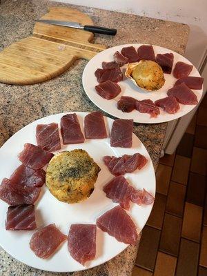 Ahi and stuffed scallops