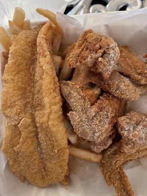 Catfish filet , wings and fries covered in sparkly spicy magic dust aka crack