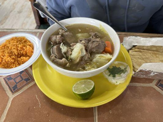 Caldo de Res with a side of rice and tortillas