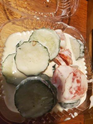 Cucumber salad full of ranch dressing. Wowww it's more salad dressing than veggies.  Not attractive. Very bad presentation.  05-11 -22