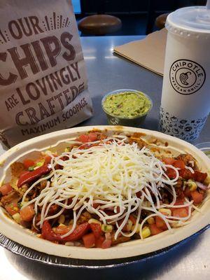 Chicken Al Pastor bowl and a side of guac and chips