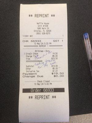 Receipt asking that the $5 tip be put towards cooking lessons for the cook