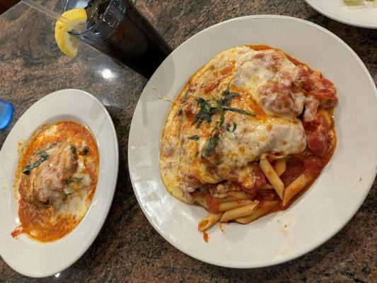 Left: egg plant parm Right: Chicken Parmigiana Plate