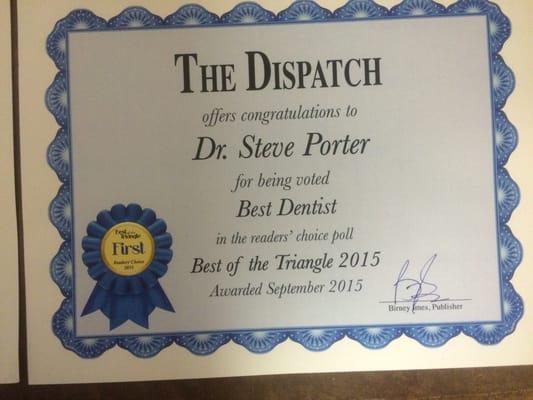 The Dispatch offers congratulations to Dr. Steve Porter for being voted BEST DENTIST in the readers' choice poll Best of the Triangle 2015