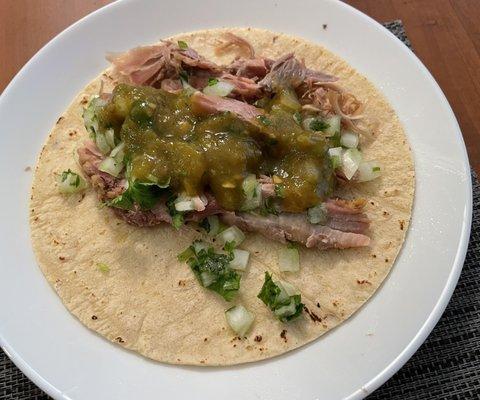 A carnitas taco made from the 1/2lb of carnitas I purchased!  Mmm, mmm, mmmm!