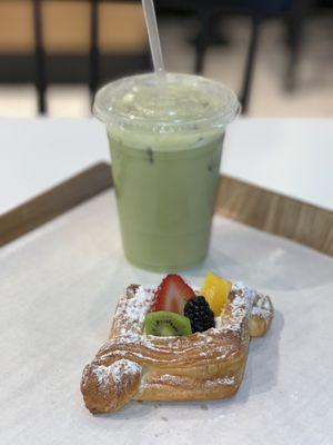 Fruit Pastry (~$4) & 16 oz Iced Matcha Latte (~$5) + almond milk (80¢) + lavender syrup (80¢)