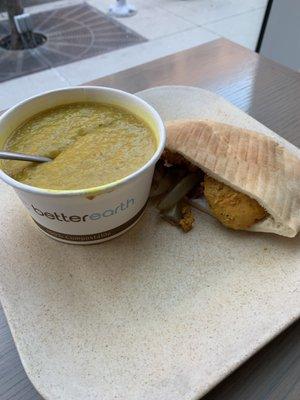 Lentil soup with chicken (nugget) sandwich.