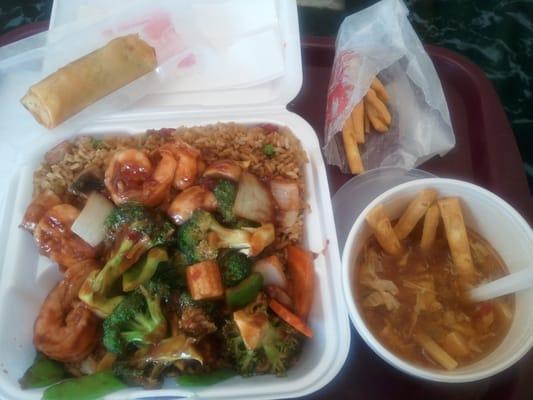 Szechuan Shrimp with Hot and Sour Soup and Spring Roll from China Star 601 Weldon Ave Lake Mary FL 407-688-4352