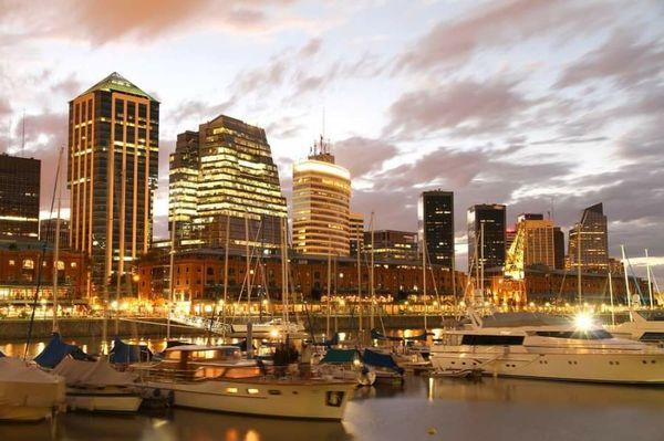 Glittering Puerto Madero, the main port of Buenos Aires, at sunset.